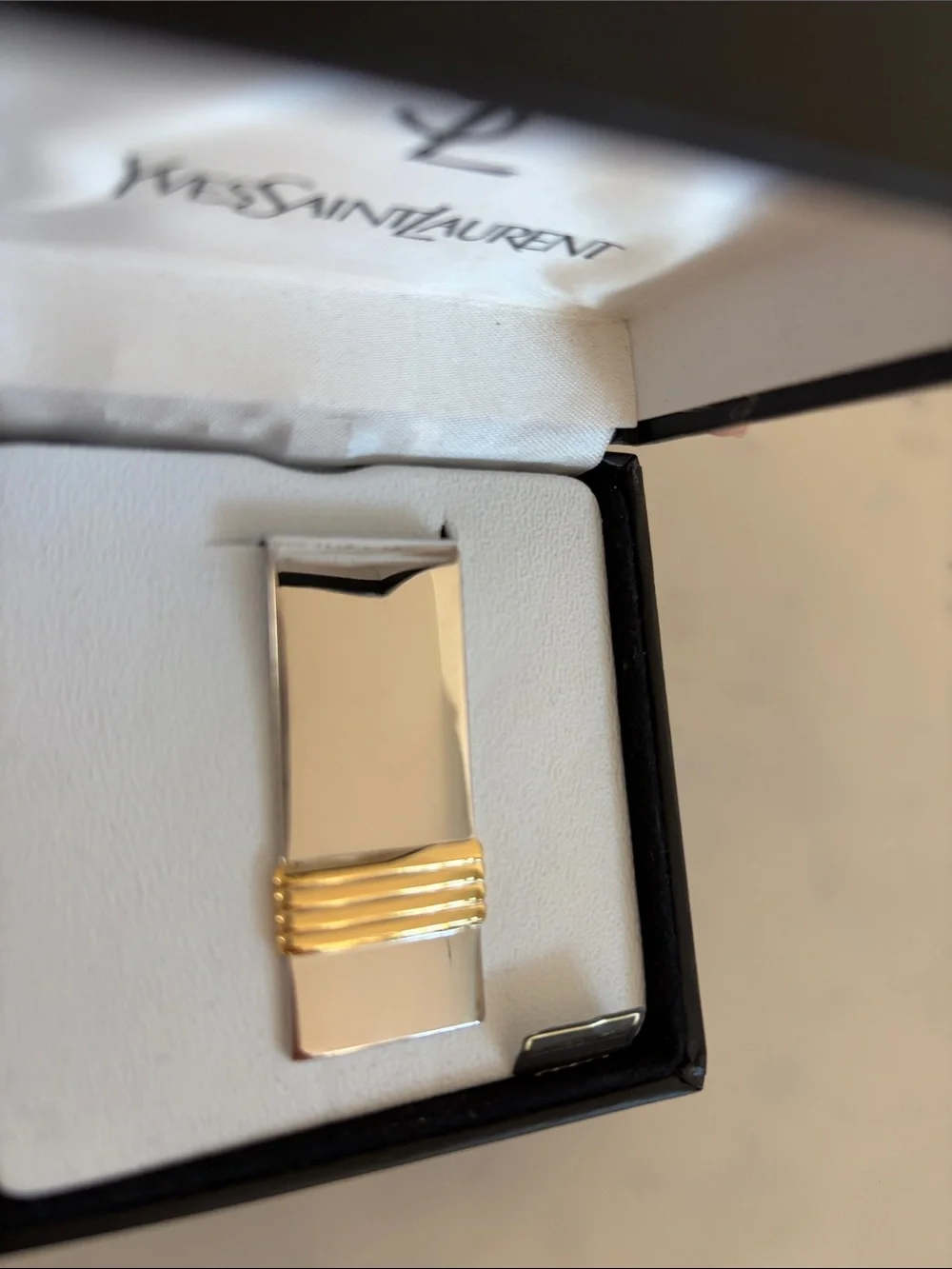 Vintage Yves Saint Laurent Silver and Gold-Tone Ribbed Accent Money Clip